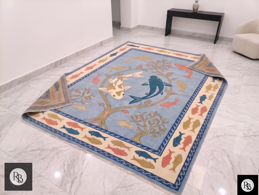 Hand Knotted Koi Fish Wool Rug – Blue Aquatic Area Rug, Coastal Living Room Carpet, Luxury Handmade Fish Design Rug, Custom Size Available